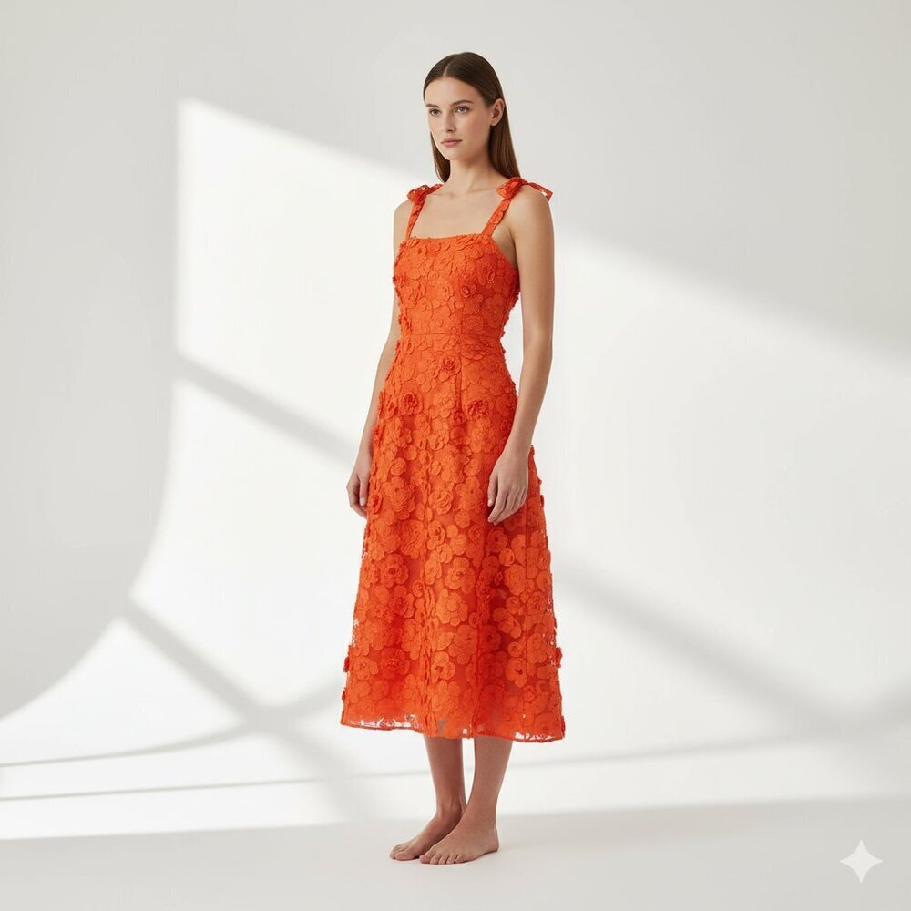 Trina Turk Floral Applique Spaghetti Strap Midi Dress Orange Women S‎
